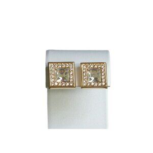Vtg S.A.L. SAL Gold Tone Swarovski Clear Crystal Square Studs Earrings Pierced